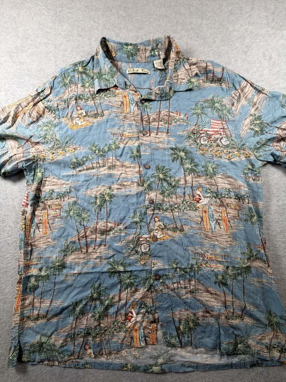 Batik Bay Mens XL Blue Hawaiian Shirt Pin Up Girls Surf Motorcycles Print